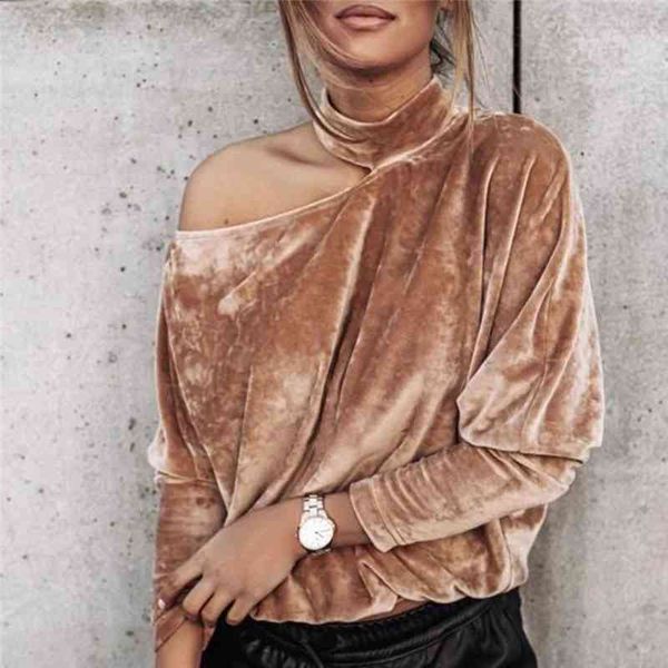 

women off shoulder skew collar blouse shirt autumn hollow out batwing long sleeve pullovers casual velvet solid blusa 210416, White