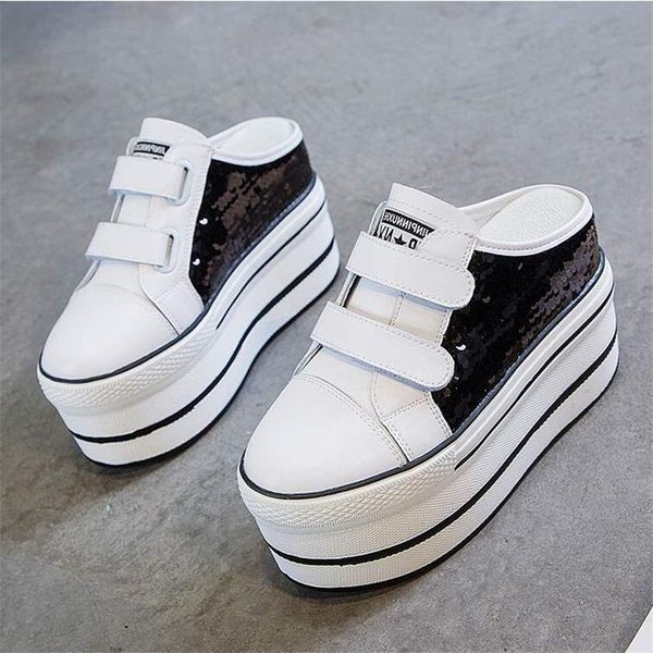 

slippers shiny platform shoes half women heels 10cm wedges mules genuine leather womens slides plateform, Black