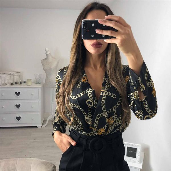 

women's jumpsuits & rompers long sleeve jumpsuit vintage women silk romper chain print shirt ladies deep v neck key printed satin, Black;white
