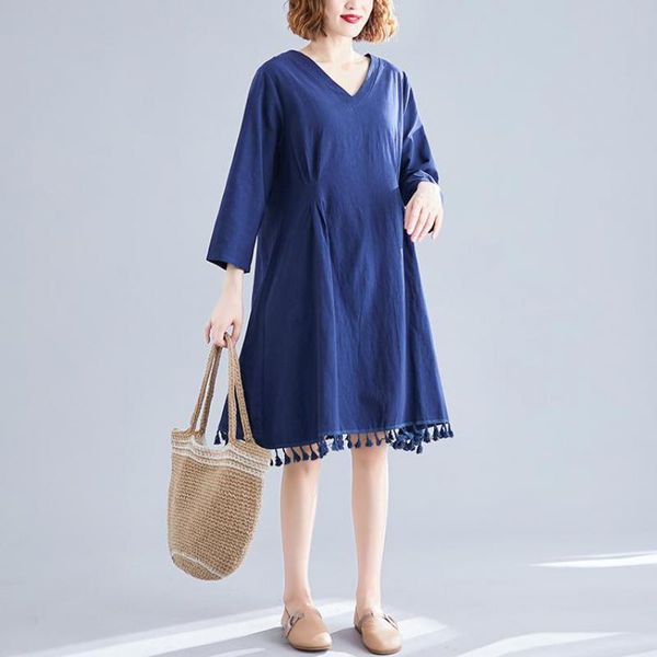 

johnature plus size dress women clothes autumn loose v-neck casual three quarter sleeve tassel solid color women dress 210521, Black;gray