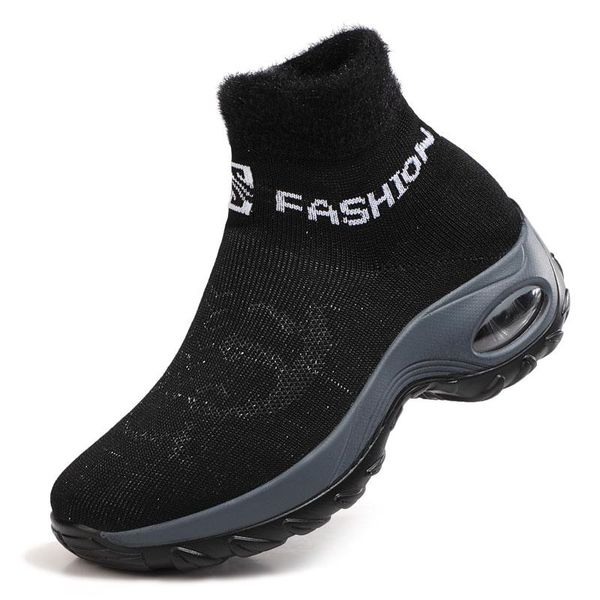 

boots women snow flock stretch sock breathable platform plush fur booties suede warm shoes winter sneaker yxyt, Black