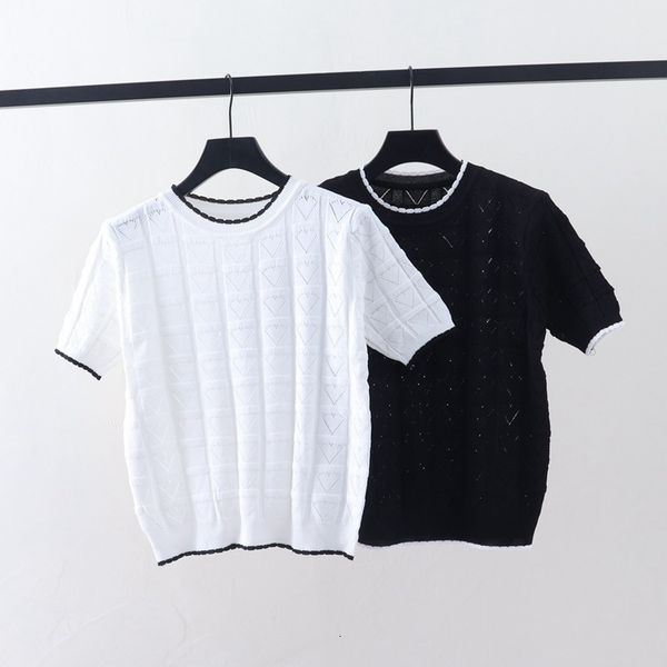

t shirt 2021 summer korean sweet contrast color love hollow out short sleeve knitted bottomed women's round neck, White