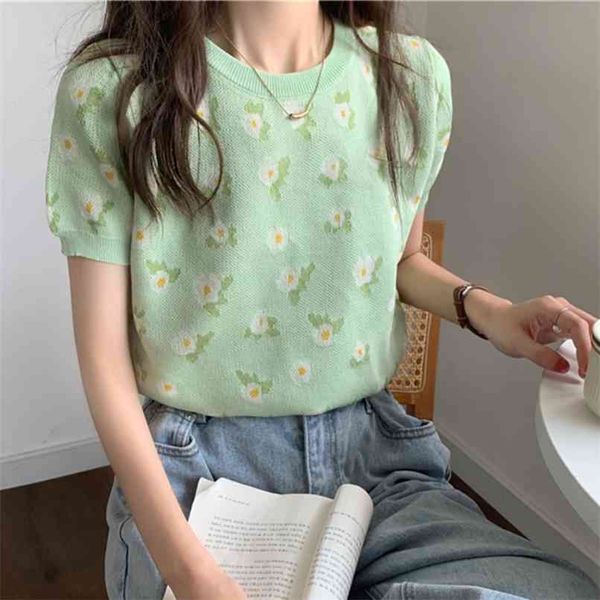 

flower green t-shirt o neck short sleeve for women in summer 210529, White