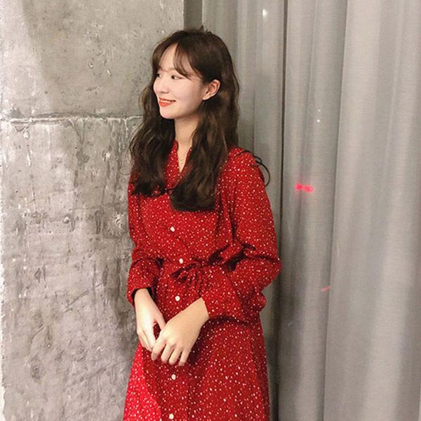 

casual dresses loose dress women korean spring 2021 fashion lady vestidos dot print vintage button shirt sashes split elbise f654, Black;gray
