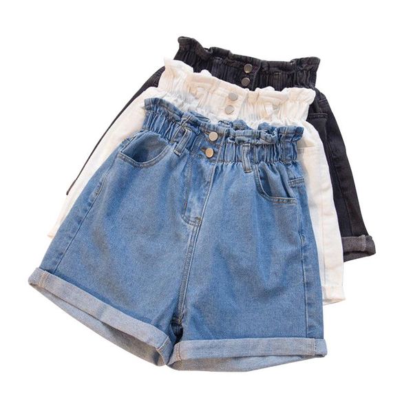 

women's shorts plus size summer denim large 5xl harem ruffle button blue elastic high waist wide leg jeans female, White;black