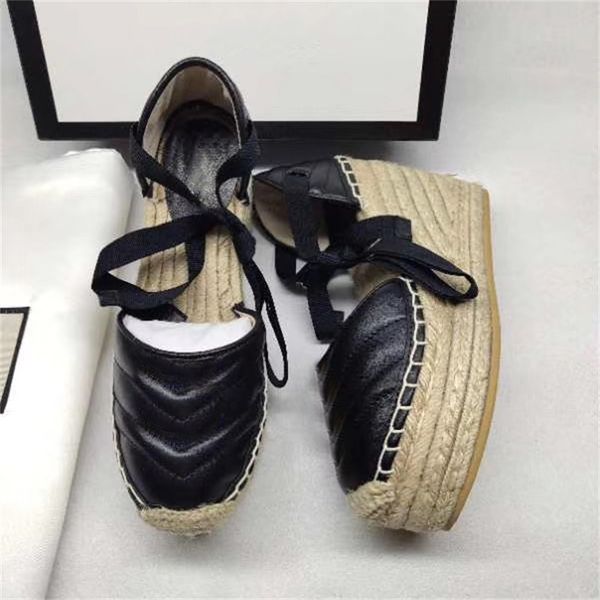 

designer sandals women espadrille strap round wedge heel heels fashion genuine leather fisherman wedding dress party shoes with box, Black