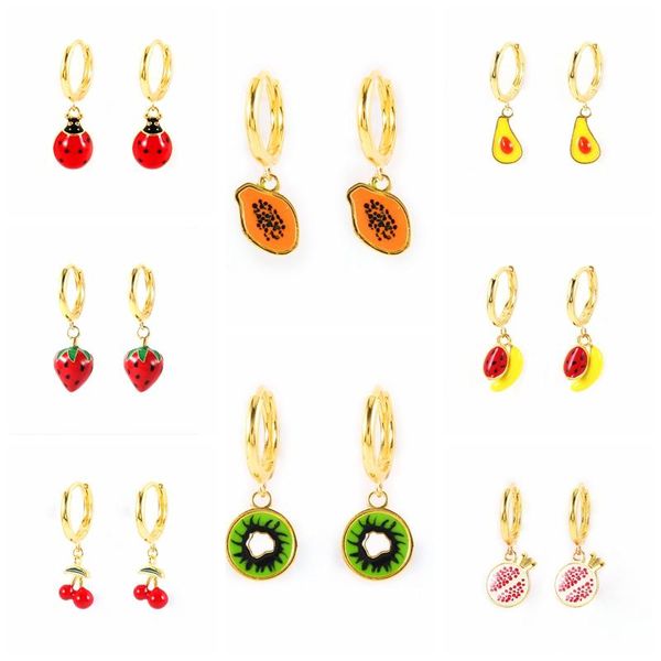 

hoop & huggie aide 2021 trend 925 sterling silver earrings for women summer strawberry oil fruits pendientes girl gift brincos, Golden;silver