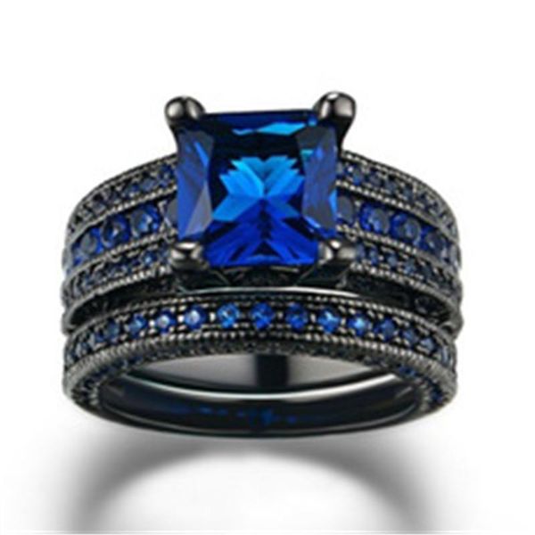 

wedding rings fashion black/blue crystal promise heart black ring for women 3/pcs cz zircon engagement jewelry, Slivery;golden