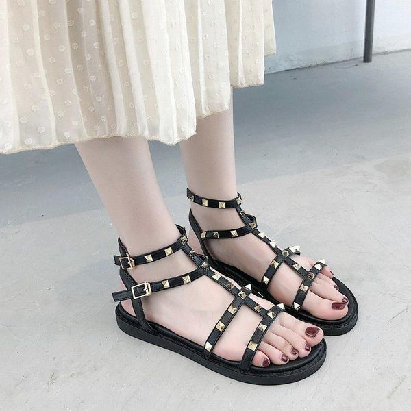 

sandals women summer rivet ladies thick bottom flat shoes female button 2021 women's fashion narrow band slides pu leather, Black