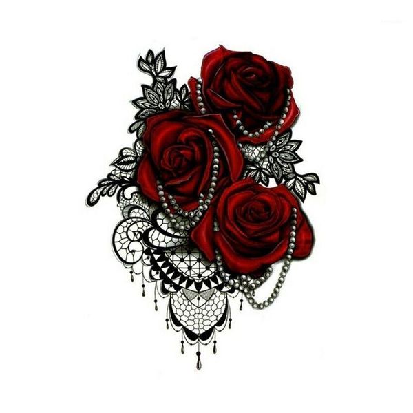 

3d rose pearls lace temporary tattoo body art large flower stickers waterproof for women arm leg waist1