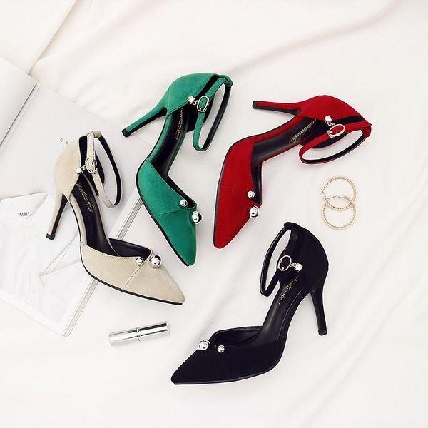 

dress shoes big size 43 women high heels pumps flock pointed toe buckle office lady workwear fashion casual, Black