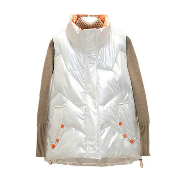 

women's vests women's short waistcoat 2021 pocket zipper winter korean thickened bright face stand-up collar down padded jacket t2, Black;white