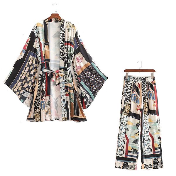 

women 2 pieces printed set bow sashes shirt oversized blouse long trousers suit pajamas fashion casual 210517, White