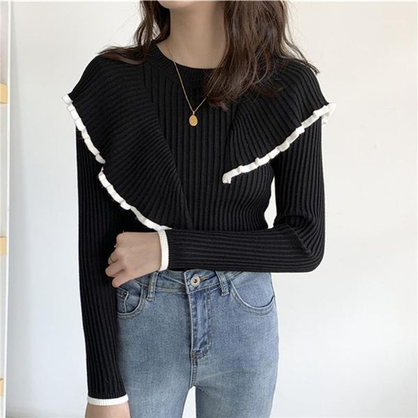 

korean ruffles stitching female sweater design knitted women pullover fashion spring autumn warm basic bottoming women's sweaters, White;black