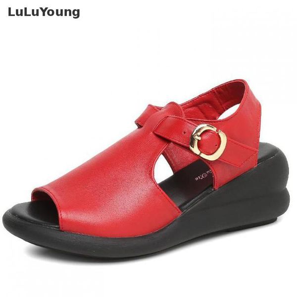 

genuine leather summer sandals open toe black red wedges shoes women sy-2817