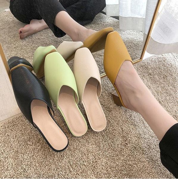 

slippers women low heel fashion brand mule shoes square head ladies pu leather size 34-39, Black