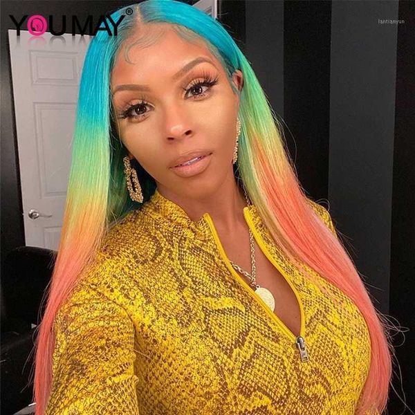 

straight lace front human hair wigs rainbow colored frontal wig brazilian transparent full t# you may colorful wig1, Black;brown