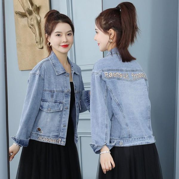 

women's jackets denim woman jacket 2021 oversize jean embroidery bat long sleeve turn-down collar female outerwear loose korean fashion, Black;brown