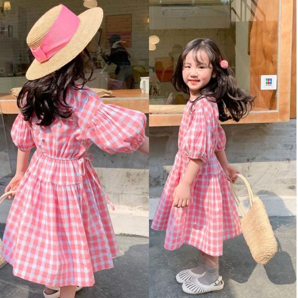 

sweet dress for 3-8y toddler baby girls check pattern one piece round neck medium sleeves waist tight shank long dresses girl's, Red;yellow