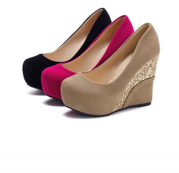 

women shoes in spring and autumn slope heel round head waterproof table shallow mouth, Black