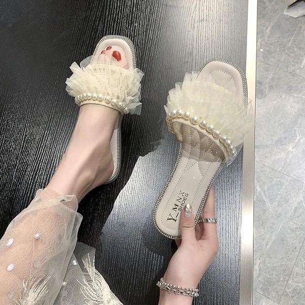

slippers flat women pearl slides outdoor open toe shoes summer soft sole beach black beige zapatos mujer