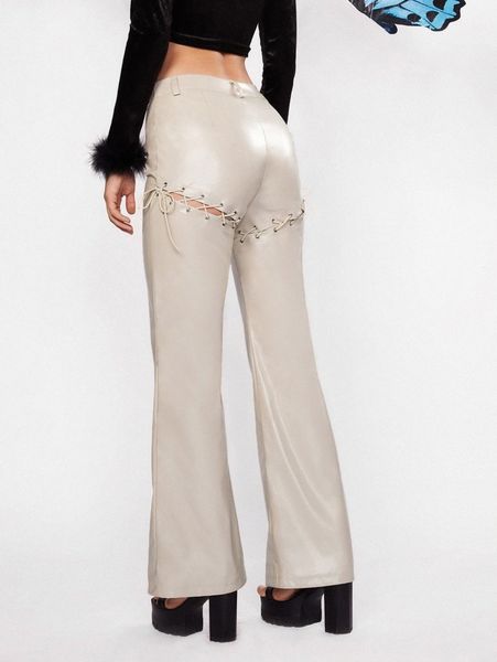 

grommet lace up pu leather flare leg pants n3jn#, Black;white