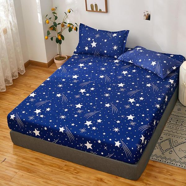 

sheets & sets 1pc bed sheet night sky printed fitted with elastic linen 100% polyester mattress cover queen size(no case )