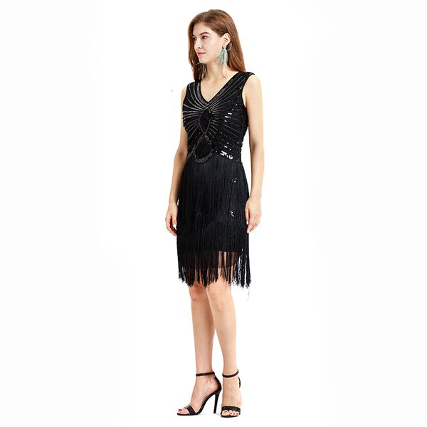 

black v-neck long sleeveless tassel 1920s great gabsty latin dance flapper girls sequins fringe es pluse size, Black;red