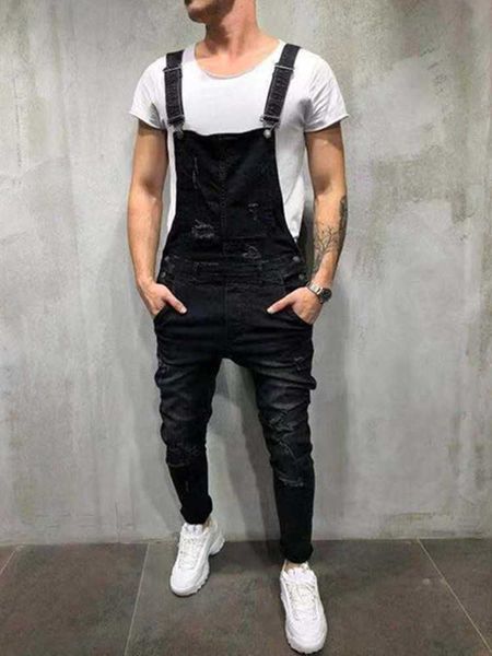 

2021 oversize fashion men's ripped jeans jumpsuits shorts summer hi street distressed denim bib overalls for man suspender pants x0621, Blue