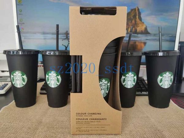 

black starbucks 24oz 710ml plastic reusable sippy cup with transparent cylinder lid for drinking7lwc
