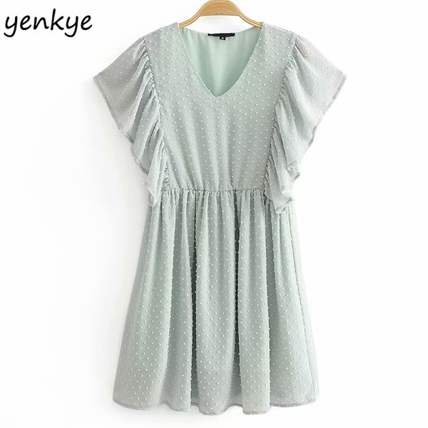 

summer dress women vintage green dotted v neck butterfly sleeve elegant lady holiday casual short vestido 210514, Black;gray
