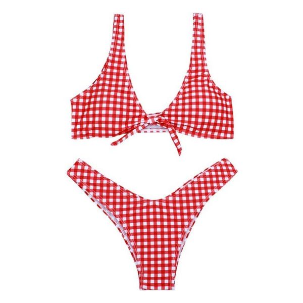 

women's swimwear 2021 front knotted bikini swimsuit with chest pad gather 2 peice set wire plaid, White;black