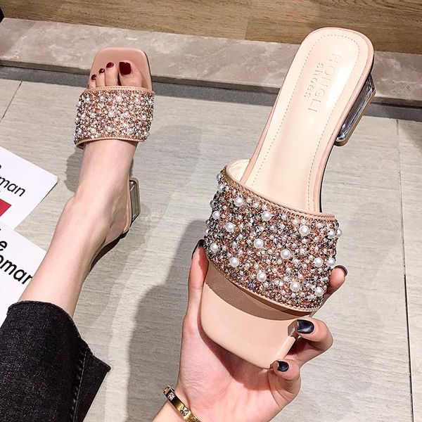 

slippers women's shoes and wear 2021 summer pearl bow open toe thick heels, Black