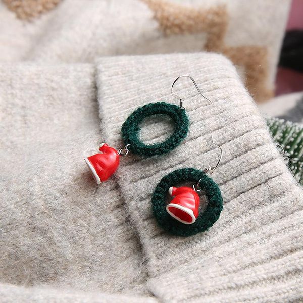 

asymmetric christmas hat woven wreath earrings for women girls personalized hand made dark green wool ear clip dangle & chandelier, Silver