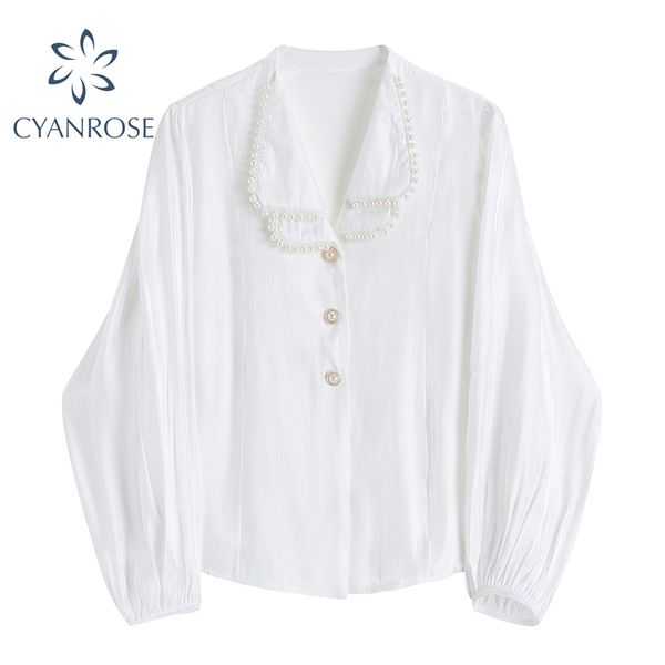 

french vintage satin blouses double-layer pearl spliced cardigan elegant shirts female long sleeve loose office ladies 210417, White