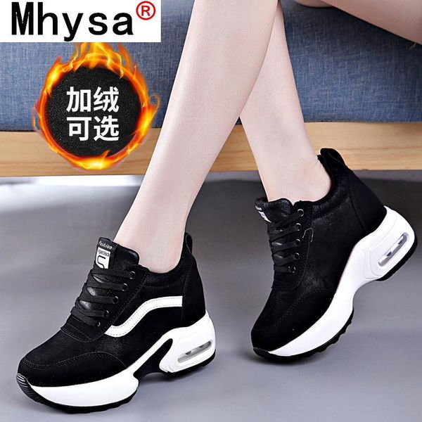 

boots 2021 autumn winter warm snow shoes casual air cushion women sneaker increase within high heels cow leather, Black
