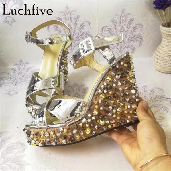 

metal rivets platform high heels sandals open toe gold wedges shoes for women ankle buckle strap sandalias mujer 2021, Black