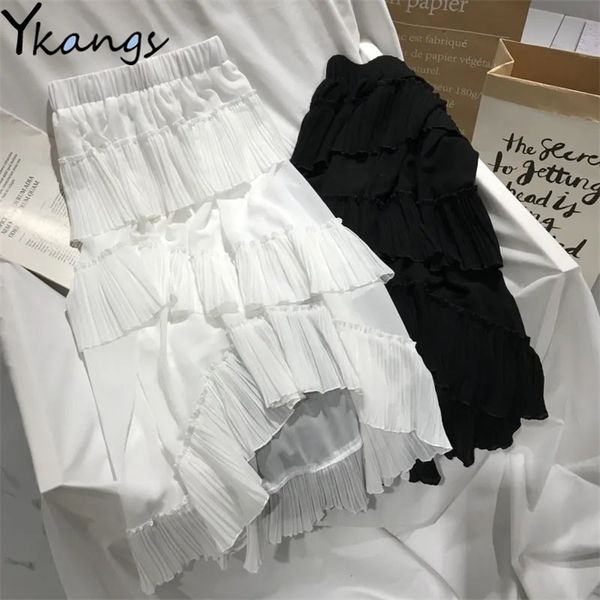 

spring pleated skirt summer high waist irregular ruffle women long skirts aesthetic korean black white faldas jupe femme 210421