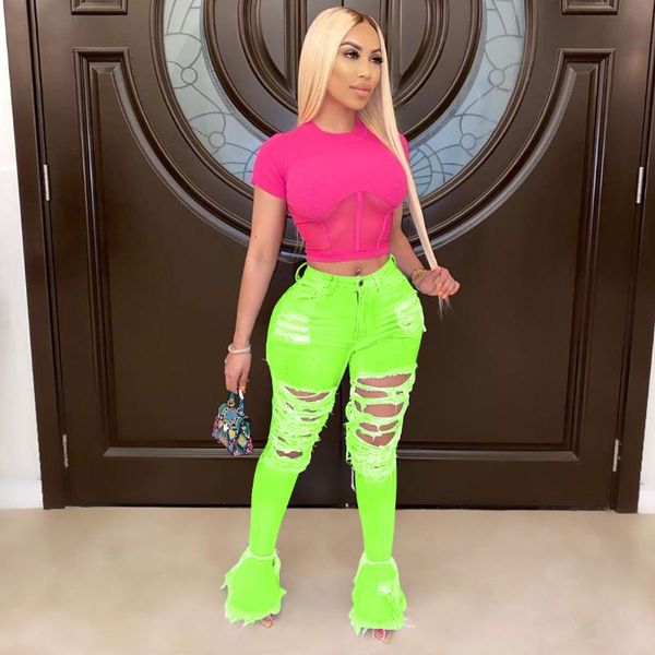 

women's jeans summer denim pants women fluorescence color hole ripped flare spliging trousers street skinny high waist, Blue