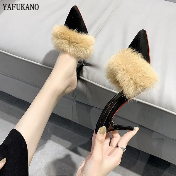 

plus size baotou half slippers female summer fashion pointed toe suede stiletto high heels fur slides red-sole muller, Black