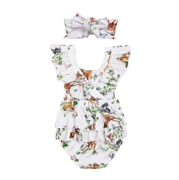 

baby girls clothes born bodysuit toddler sleeveless ruffle cartoon deer printed romper headband infant outfits clothing sets, White