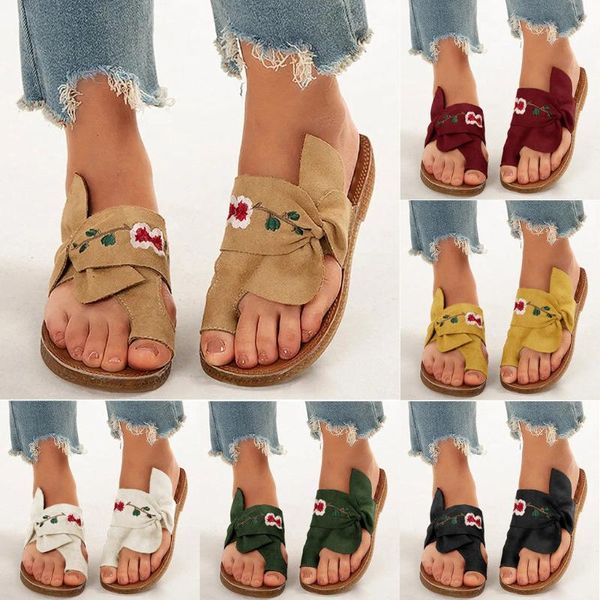 

sandals women's ladies casual bowknot toe ring flat slippers beach shoes, Black