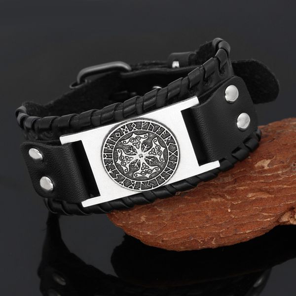 

adjustable odin luna leather bracelet men's metal cowhide, Silver