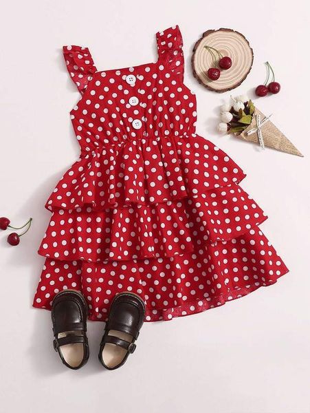 

toddler girls polka dot print tiered hem dress she, Red;yellow