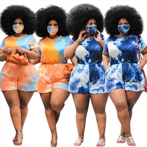 

tie dye printing plus size women romper xl 4xl summer arrivals o neck short sleeve high waist loose rompers, Black;white