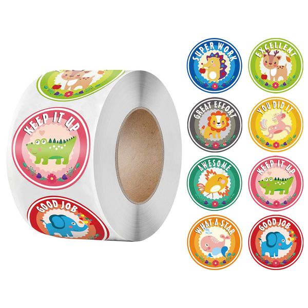

1 inch Cartoon Animals Sticker With Reward Words Sealing Labels 500pcs/roll for School Teacher Kids Smiley Stationery Sticker