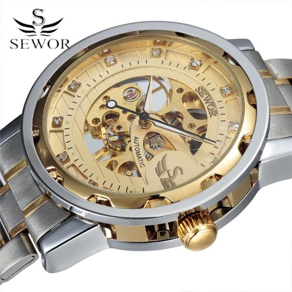 

golden men skeleton mechanical watch stainess steel diamond watches transparent steampunk montre homme wristwatch wristwatches, Slivery;brown
