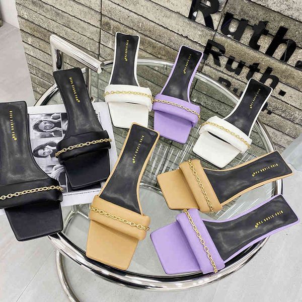 

slippers fashion women open toe shallow casual slides thin low heels metal chain elegant mules shoes size 35-39 pw92, Black