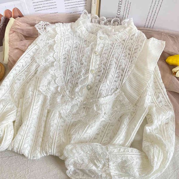 

elegant vintage shirt woman spring lace stitching wood ears half-high collar loose wild long-sleeve bottom blouse, White