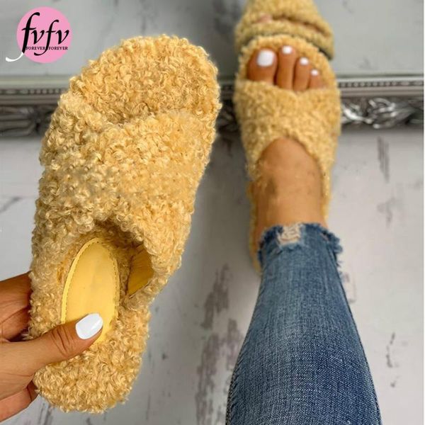 

slippers [fvfv]2021 fashion women home indoor plush autumn winter female flat shoes ladies comfortable fur, Black
